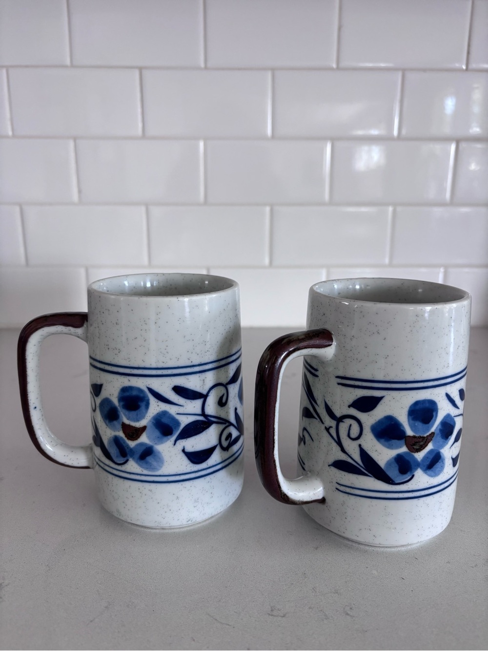 Vintage Japanese Speckled Mugs with Blue Floral Band (Set of 2)